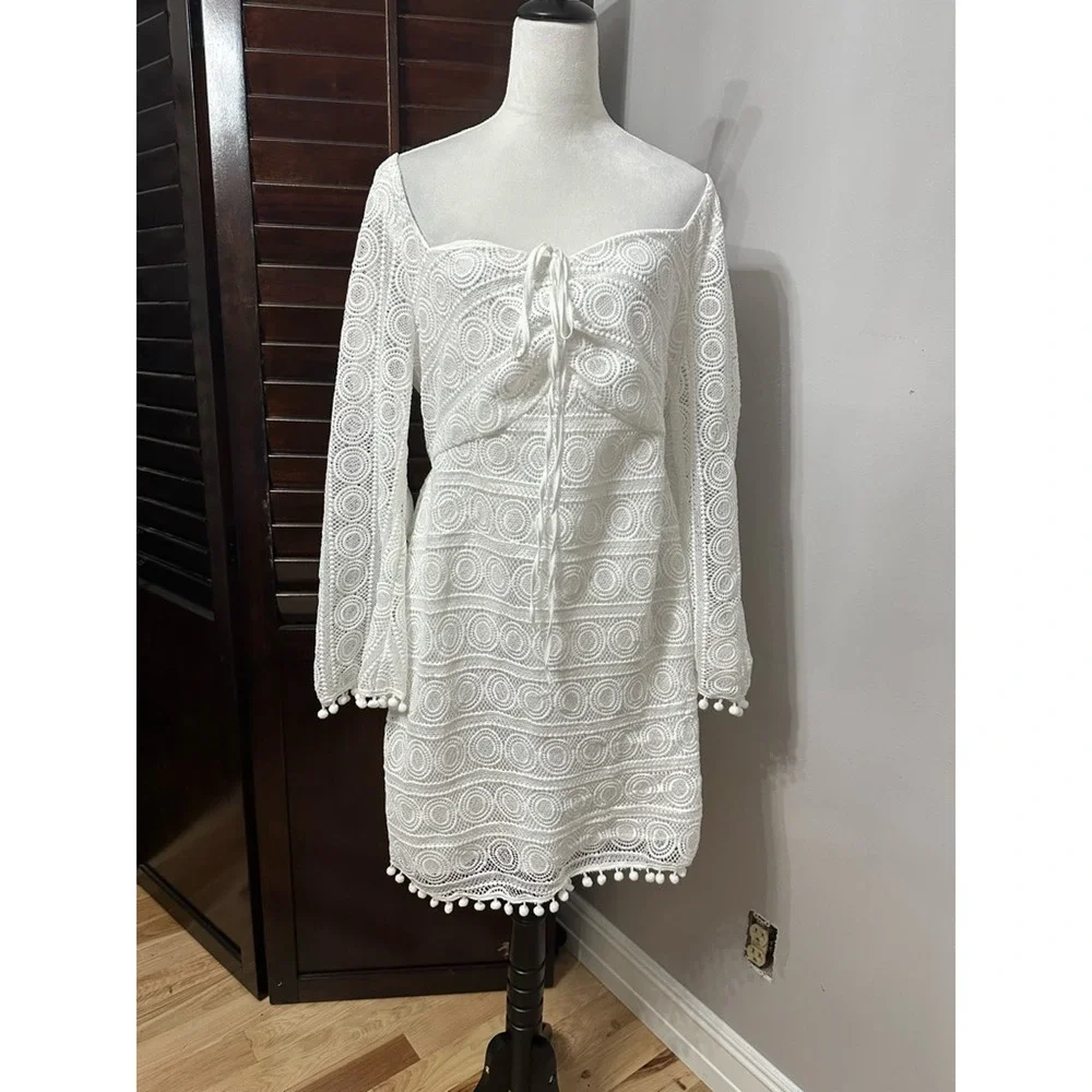 Eloquii Womens Babydoll Dress White Lined Croche Pom Pom Cottagecore Tie 14 New